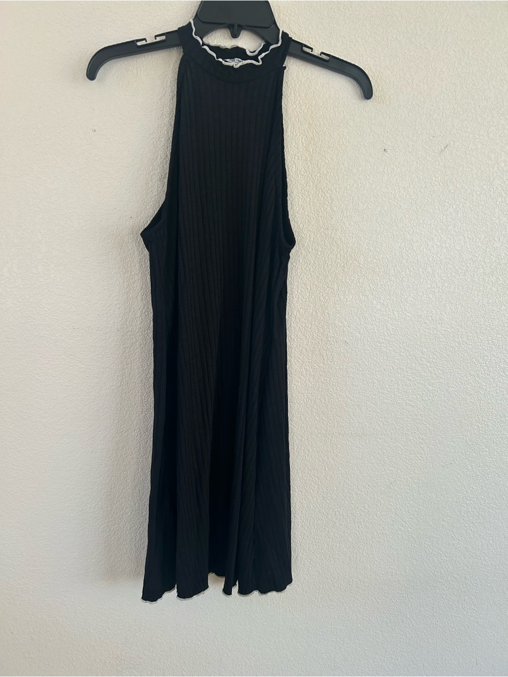 Zara Black Sleeveless Ribbed High-Neck Mini Dress with White Ruffle Trim